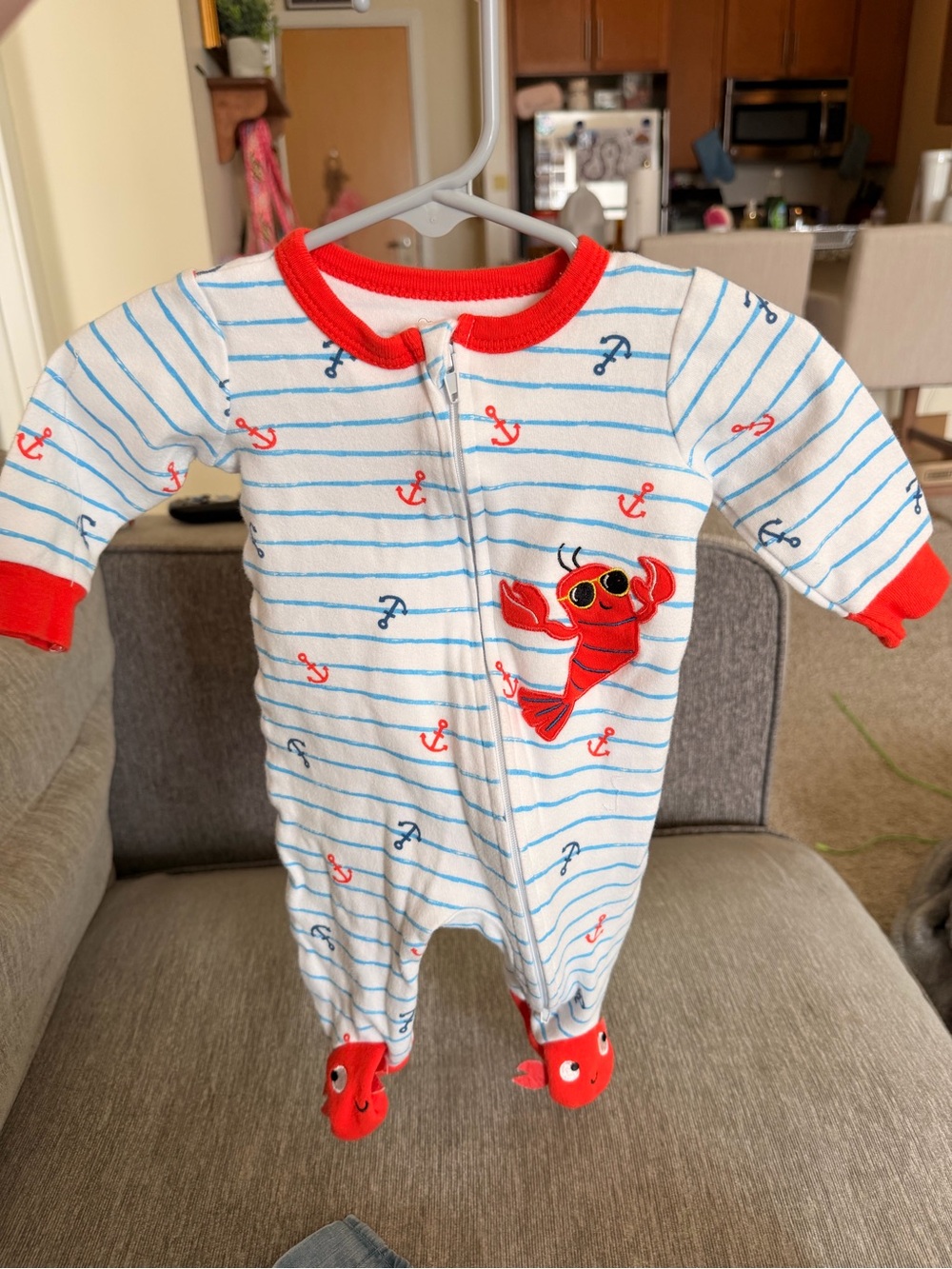 Koala Kids White and Blue Striped One-Piece with Red Lobster